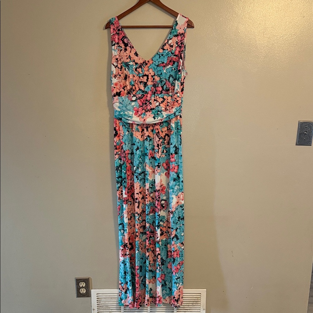 London Times Teal and Pink Floral Maxi Dress